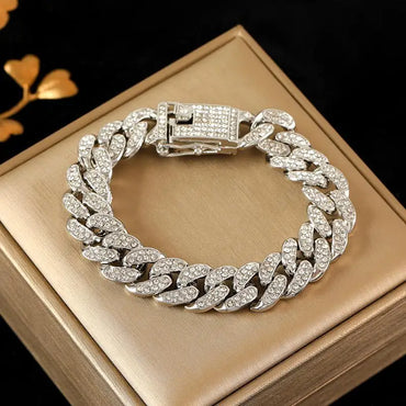 American luxury, high-quality metal Cuban chain, men's chain bracelet, 18K gold-plated, non fading, shiny zircon, party jewelry