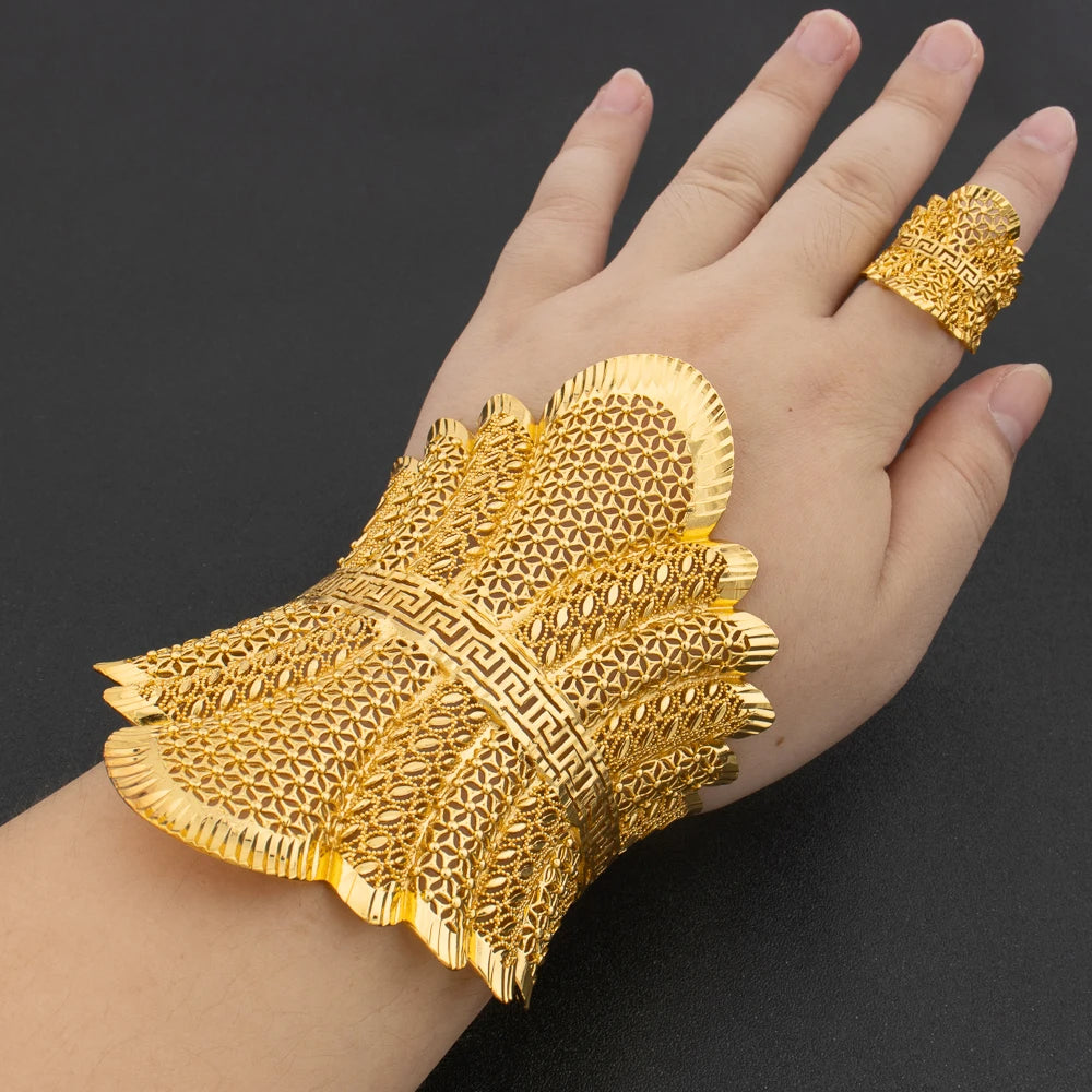 Arab Luxury Gold Plated Bracelet Ring Copper Large Bangle Jewelry Set for Women Adjustable Ring Design Fashion Wedding Jewelry