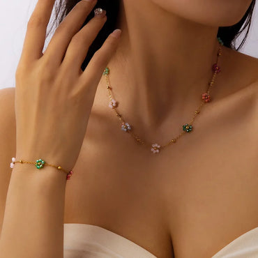 2pc/Set Fashion Y2k Colorful Flower Blue And White Bead Necklace Bracelet Set, Women's Banquet Accessories Jewelry Chain