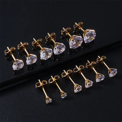 LUXUKISSKIDS 2pcs Crystal Round Stud Earrings Clearly Cubic Zircon Woman/Man Stainless Steel 4 Prong Tragus Cartilage Piercing