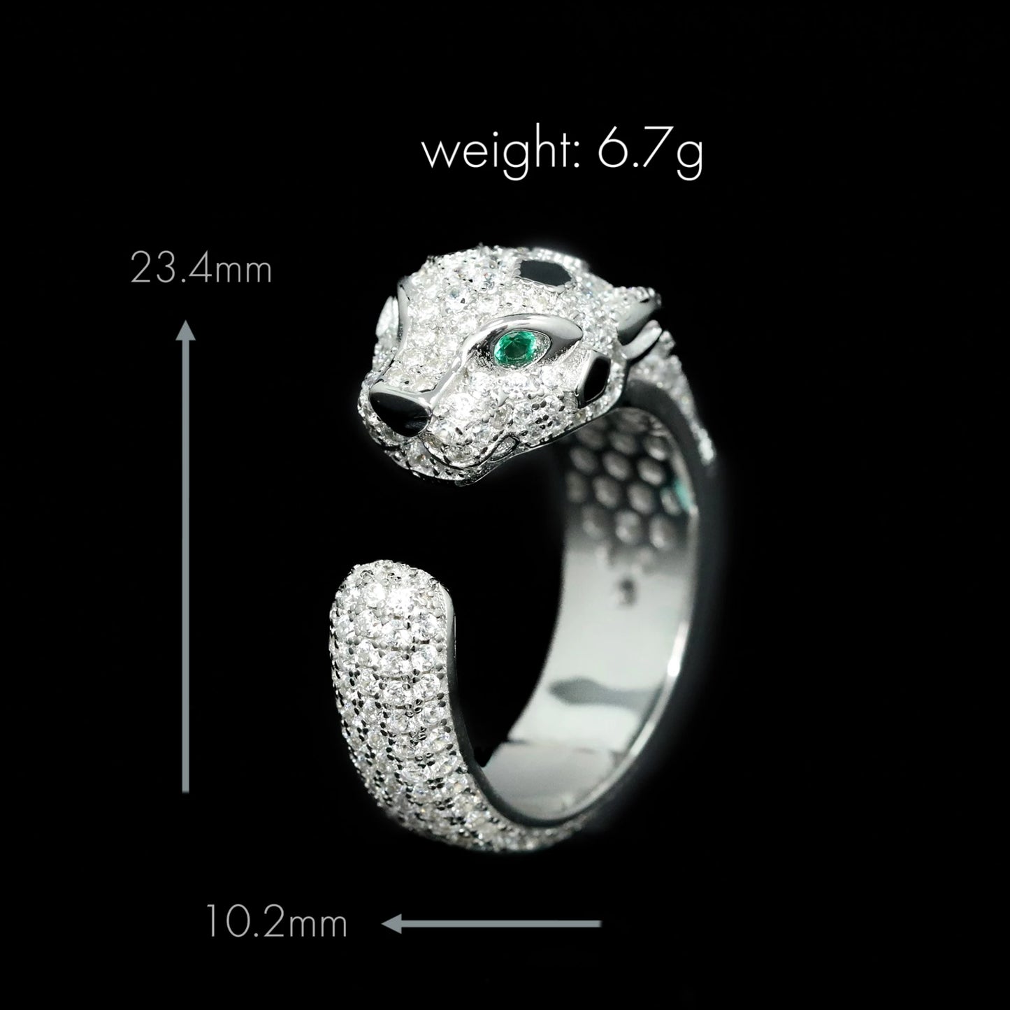TLS 925 Sterling Silver Rhodium Plated High Carbon Diamond Cheetah Emerald Trendy Cool Ring for Gift