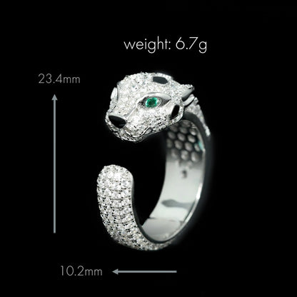 TLS 925 Sterling Silver Rhodium Plated High Carbon Diamond Cheetah Emerald Trendy Cool Ring for Gift
