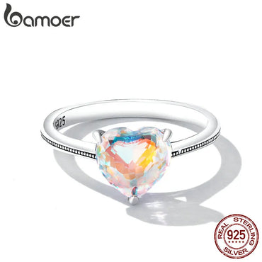 Bamoer Genuine 925 Sterling Silver Sparkling Heart Ring for Women Eternity Band Simple Silver Ring Fine Jewelry Engagement Gift