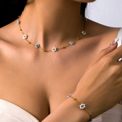 2pc/Set Fashion Y2k Colorful Flower Blue And White Bead Necklace Bracelet Set, Women's Banquet Accessories Jewelry Chain