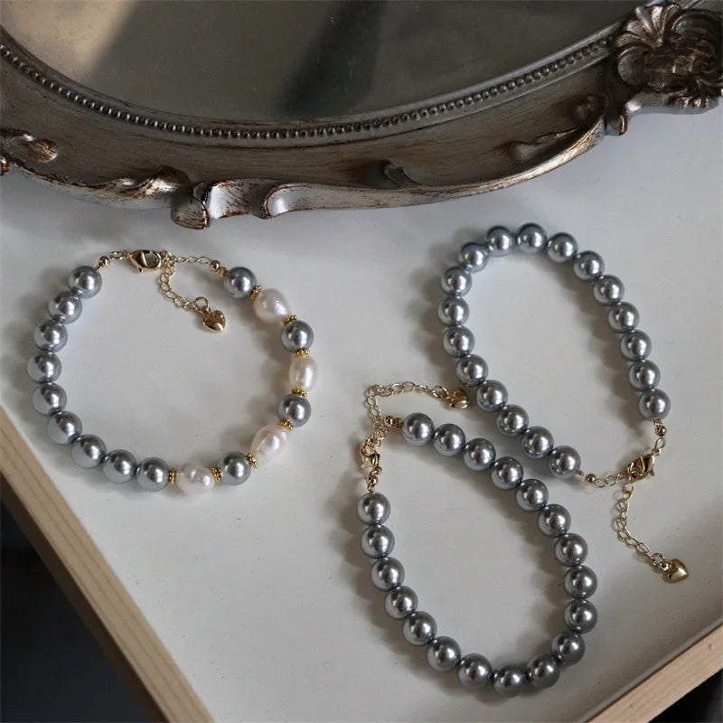 Fashion Grey Natural Pearl Bracelet for Women Luxury Exquisite Stainless Steel Bangle Jewelry Accessories Anniversary Gift