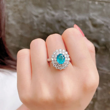 Luxurious Paraiba Sapphire Flower Oval Diamond Couple Ring For Women Geometric Zirconia S925 Silverd Anniversary Gift Jewelry
