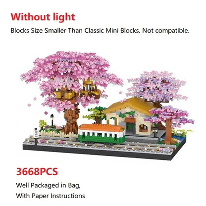 Mini Sakura Tree House Building Blocks Trains With Lights DIY Model City Street View Cherry Blossom House Bricks Kids Toys Gift