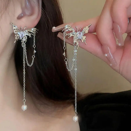 Fashion Zircon Pearl Tassel Earrings for Women 2024 New Liquid Metal Long Chain Elf Butterfly Statement Earrings Party Jewelry