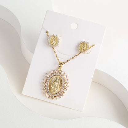 Classic Anti-Allergic Maria Pendant Necklace Set High Quality Zirconia 18K Gold Plated Stud Earrings Women Girls Religious Gifts