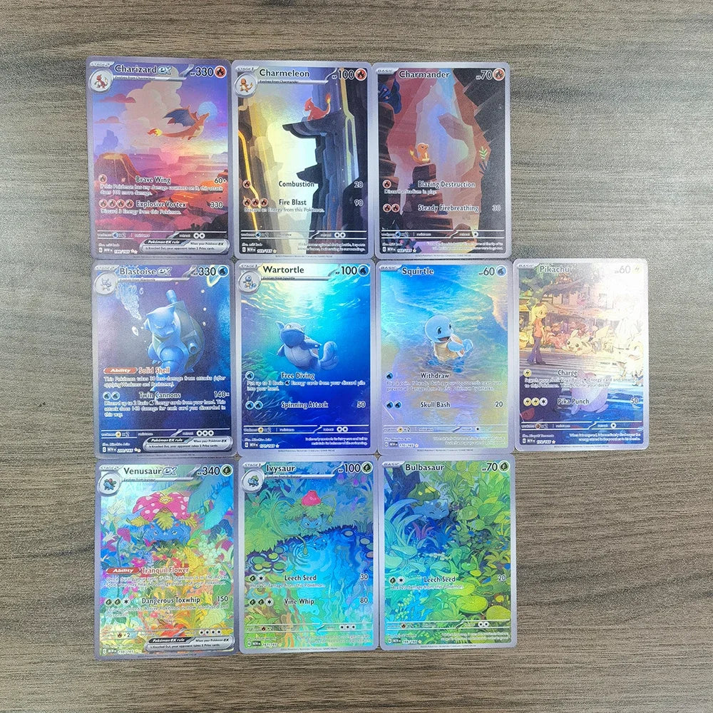 10pcs/set Diy PKM 151 Series EX Blastoise Charizard Venusaur Squirtle Rainbow Card Pocket Monsters PTCG Game Collection Cards
