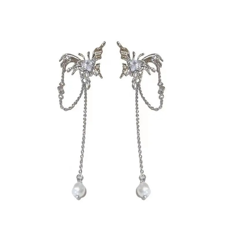 Fashion Zircon Pearl Tassel Earrings for Women 2024 New Liquid Metal Long Chain Elf Butterfly Statement Earrings Party Jewelry