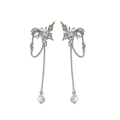 Fashion Zircon Pearl Tassel Earrings for Women 2024 New Liquid Metal Long Chain Elf Butterfly Statement Earrings Party Jewelry