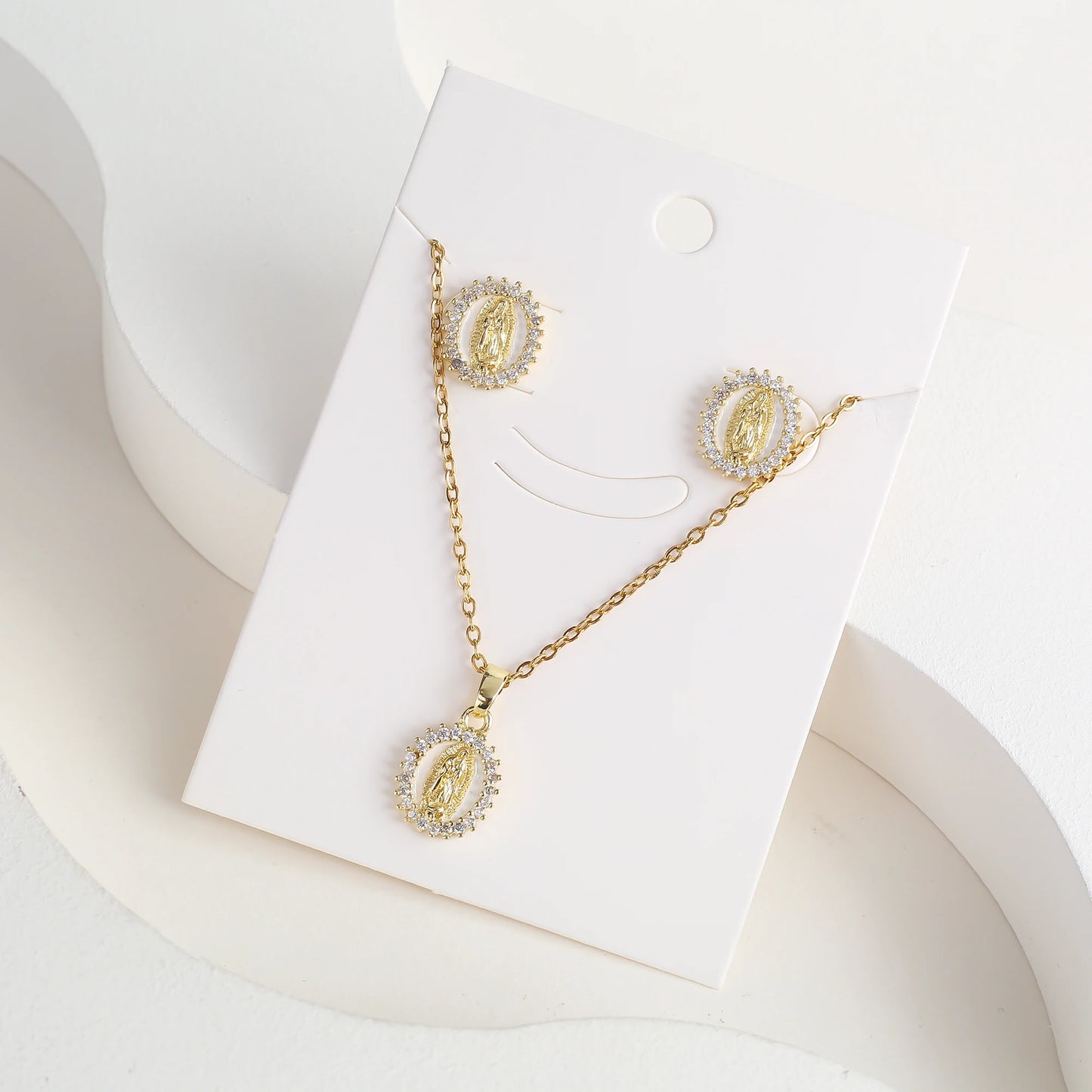 Classic Anti-Allergic Maria Pendant Necklace Set High Quality Zirconia 18K Gold Plated Stud Earrings Women Girls Religious Gifts