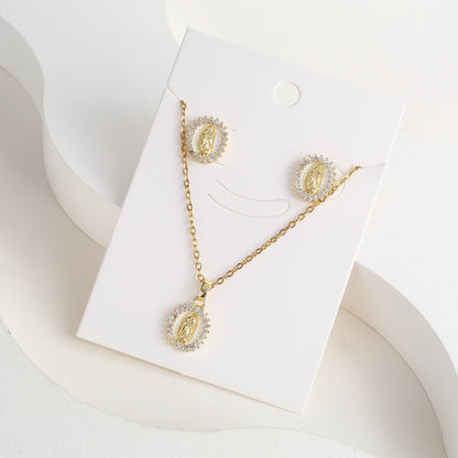 Classic Anti-Allergic Maria Pendant Necklace Set High Quality Zirconia 18K Gold Plated Stud Earrings Women Girls Religious Gifts