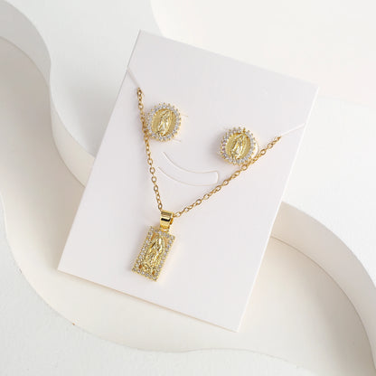 Classic Anti-Allergic Maria Pendant Necklace Set High Quality Zirconia 18K Gold Plated Stud Earrings Women Girls Religious Gifts