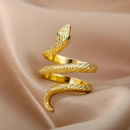 Gold Plated Stainless Steel Green Zircon Snake Rings For Women Men Open Adjustable Finger Ring Vintage Gothic Aesthetic Jewelry