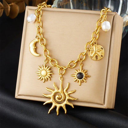 LAMENGLY 316L Stainless Steel Creative Spiral Sun Element Moon Star Pendant Necklace Women Hyperbole Clavicle Chain Party Gifts