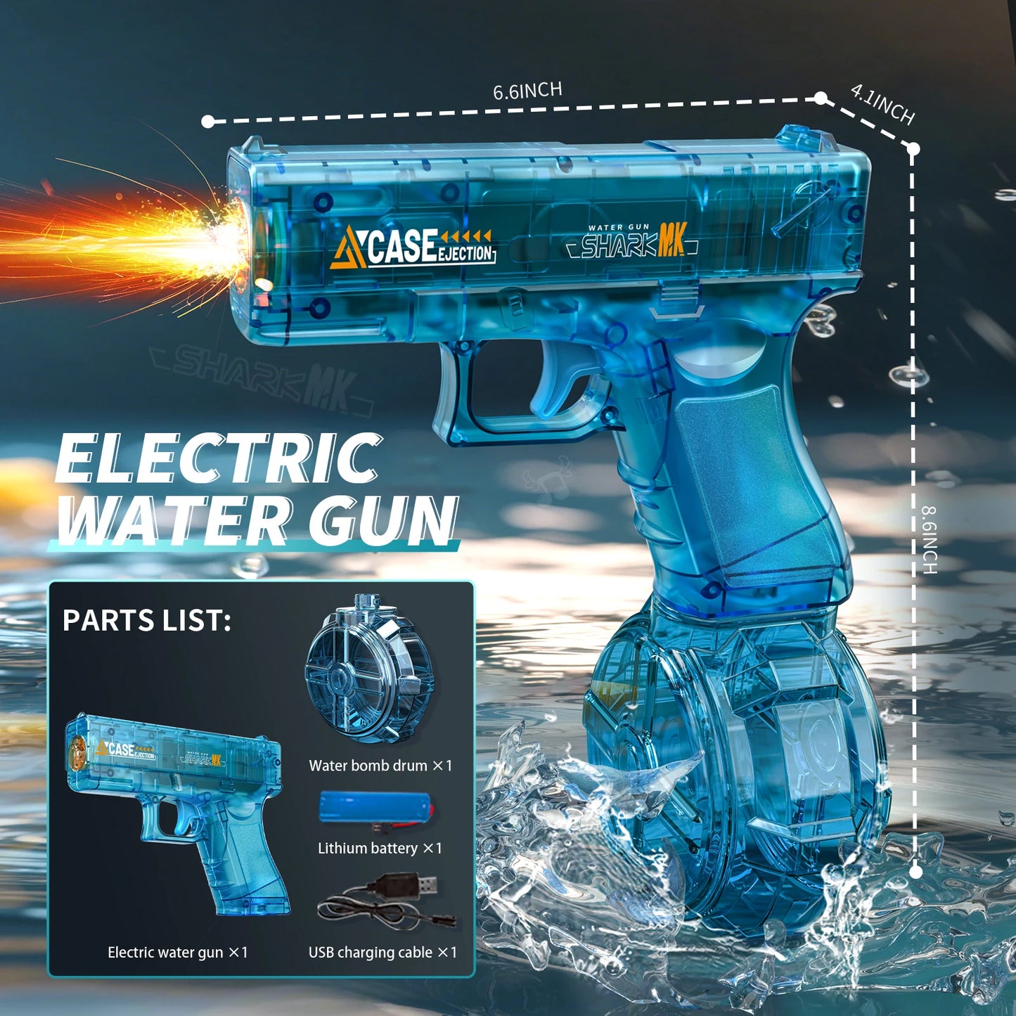 Electric Water Gun, Automatic Squirt with Pistol Realistic Gun Muzzle Flame Summer Outdoor Beach Swimming Pool Party Toy