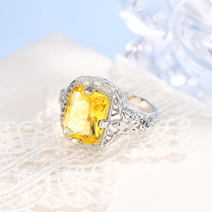 Ladies 925 Silver Plated High-grade Moissanite Citrine Hollow Wedding Engagement Ring High-end Jewelry Luxury Ladies Ring