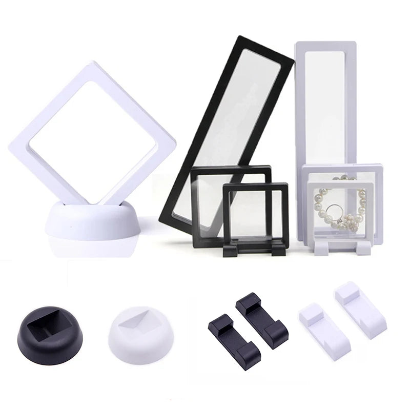 10pcs Floating Frame 3D Display Jewelry Box Suspension Storage Holder Base Plastic Case Black White Round Square Stand Support
