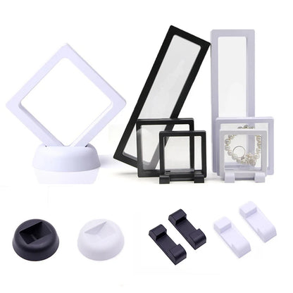 10pcs Floating Frame 3D Display Jewelry Box Suspension Storage Holder Base Plastic Case Black White Round Square Stand Support