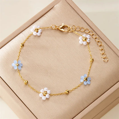 2pc/Set Fashion Y2k Colorful Flower Blue And White Bead Necklace Bracelet Set, Women's Banquet Accessories Jewelry Chain