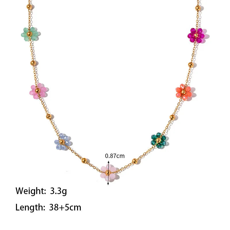 2pc/Set Fashion Y2k Colorful Flower Blue And White Bead Necklace Bracelet Set, Women's Banquet Accessories Jewelry Chain
