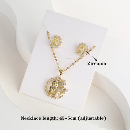 Classic Anti-Allergic Maria Pendant Necklace Set High Quality Zirconia 18K Gold Plated Stud Earrings Women Girls Religious Gifts