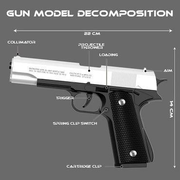 Black M1911 Colt Toy Gunman Gun, Soft Bullet Shell, Catapult Blaster, Manual Air Gun Launcher, Boys Shooting Game 14+y
