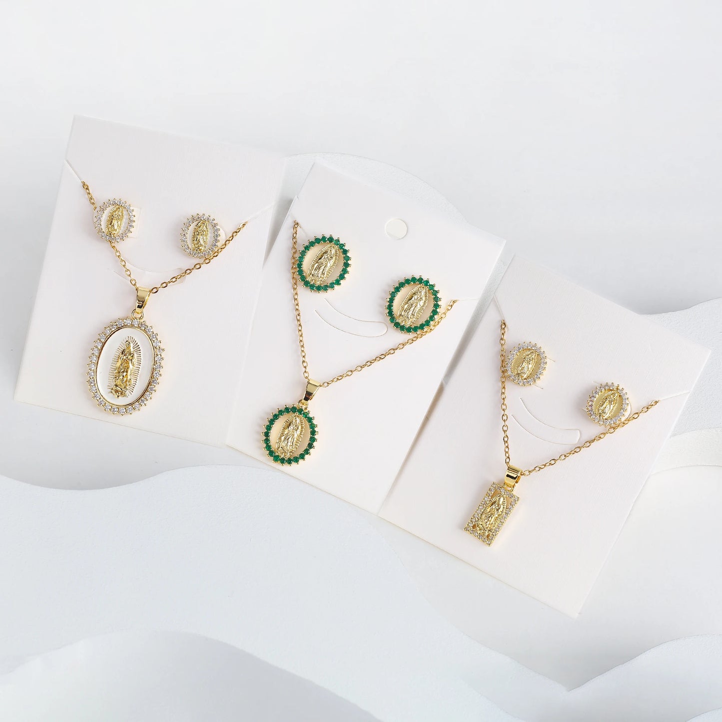 Classic Anti-Allergic Maria Pendant Necklace Set High Quality Zirconia 18K Gold Plated Stud Earrings Women Girls Religious Gifts