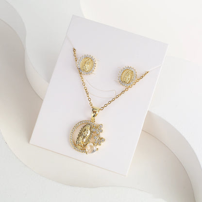 Classic Anti-Allergic Maria Pendant Necklace Set High Quality Zirconia 18K Gold Plated Stud Earrings Women Girls Religious Gifts