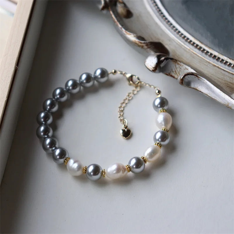 Fashion Grey Natural Pearl Bracelet for Women Luxury Exquisite Stainless Steel Bangle Jewelry Accessories Anniversary Gift