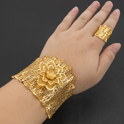 Arab Luxury Gold Plated Bracelet Ring Copper Large Bangle Jewelry Set for Women Adjustable Ring Design Fashion Wedding Jewelry