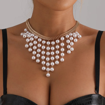 Multi Layer Long Pearl Tassel Necklace with Trendy Elegant Innovative Design Exaggerated Collarbone Chain Women's Party Jewelry