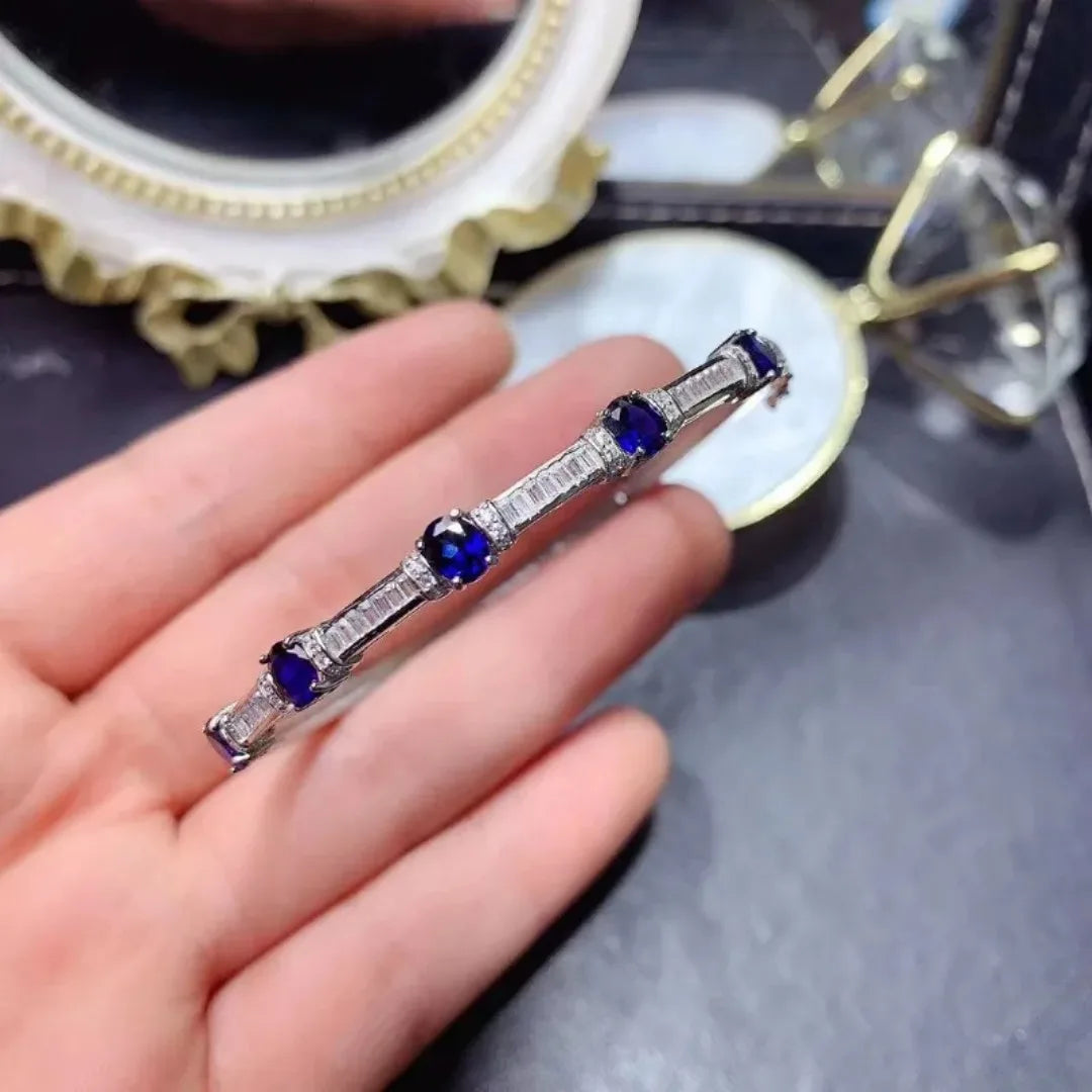 Natural Blue Sapphire Gem Bangles Natural Gemstone Bangles S925 Silver Bracelet Classic Elegant Array Women Party Fine Jewelry