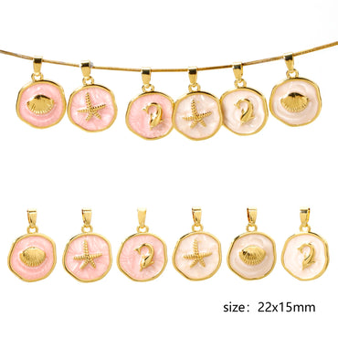 2 PCs Brass Ocean Series Charm Pendant 18K Gold Plated Irregular Enamel Shell Starfish Dolphin For Necklace Making 22mm x 15mm