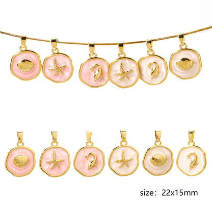 2 PCs Brass Ocean Series Charm Pendant 18K Gold Plated Irregular Enamel Shell Starfish Dolphin For Necklace Making 22mm x 15mm