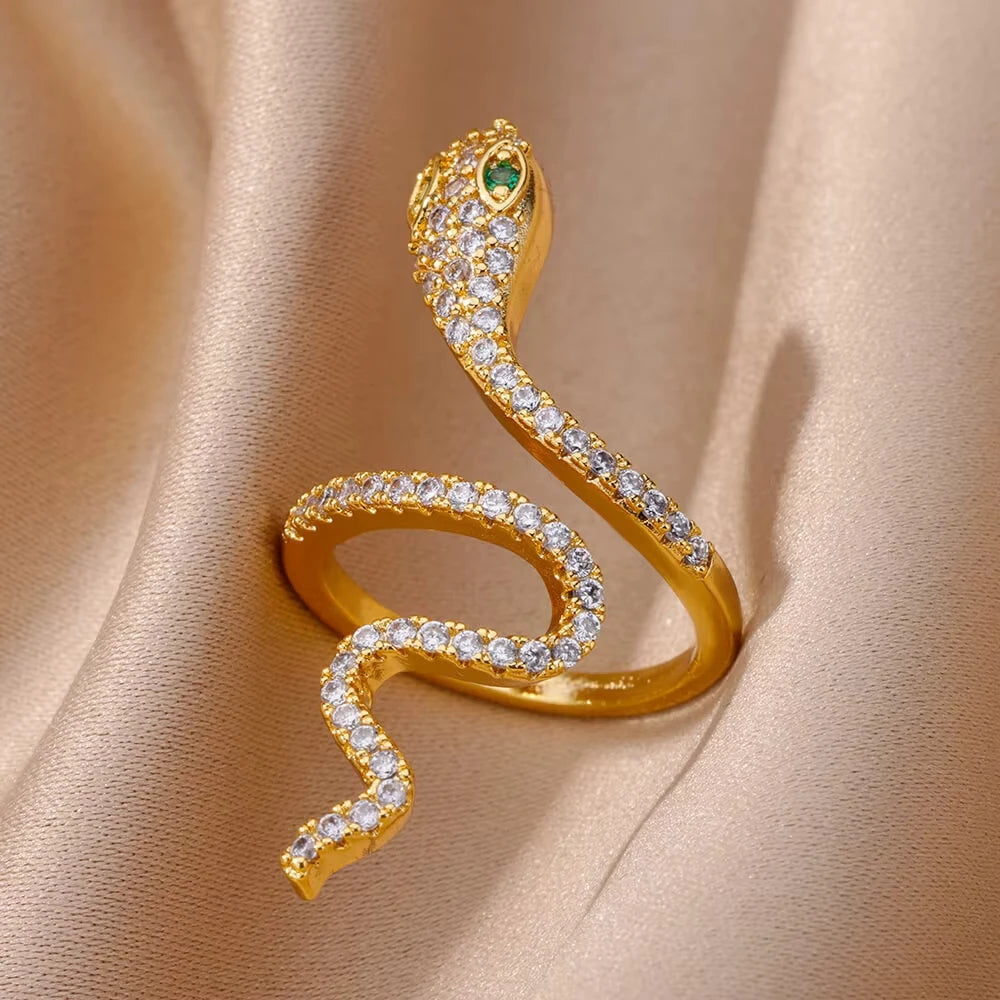 Gold Plated Stainless Steel Green Zircon Snake Rings For Women Men Open Adjustable Finger Ring Vintage Gothic Aesthetic Jewelry
