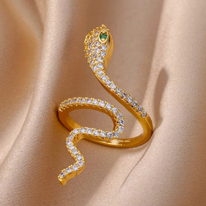 Gold Plated Stainless Steel Green Zircon Snake Rings For Women Men Open Adjustable Finger Ring Vintage Gothic Aesthetic Jewelry