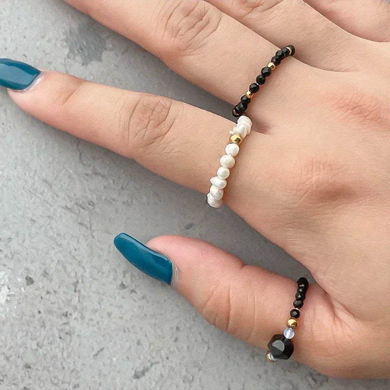 Freshwater Pearl Wedding Rings For Women Handmade Obsidian Opal Jewelry Stainless Steel Natural Stone Statement Ring