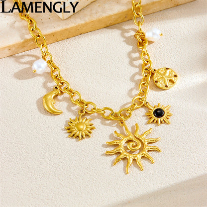 LAMENGLY 316L Stainless Steel Creative Spiral Sun Element Moon Star Pendant Necklace Women Hyperbole Clavicle Chain Party Gifts
