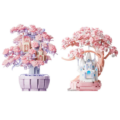 Fantasy Cherry Blossom Season Assemblage Building Blocks Kits Flower Castle Models Bricks Home Decorations Kids Toys Girls Gifts