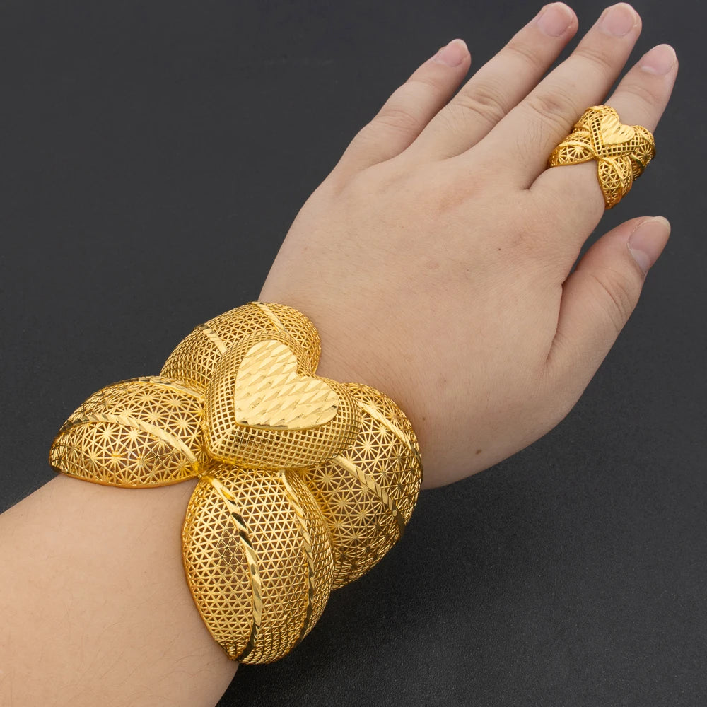 Arab Luxury Gold Plated Bracelet Ring Copper Large Bangle Jewelry Set for Women Adjustable Ring Design Fashion Wedding Jewelry