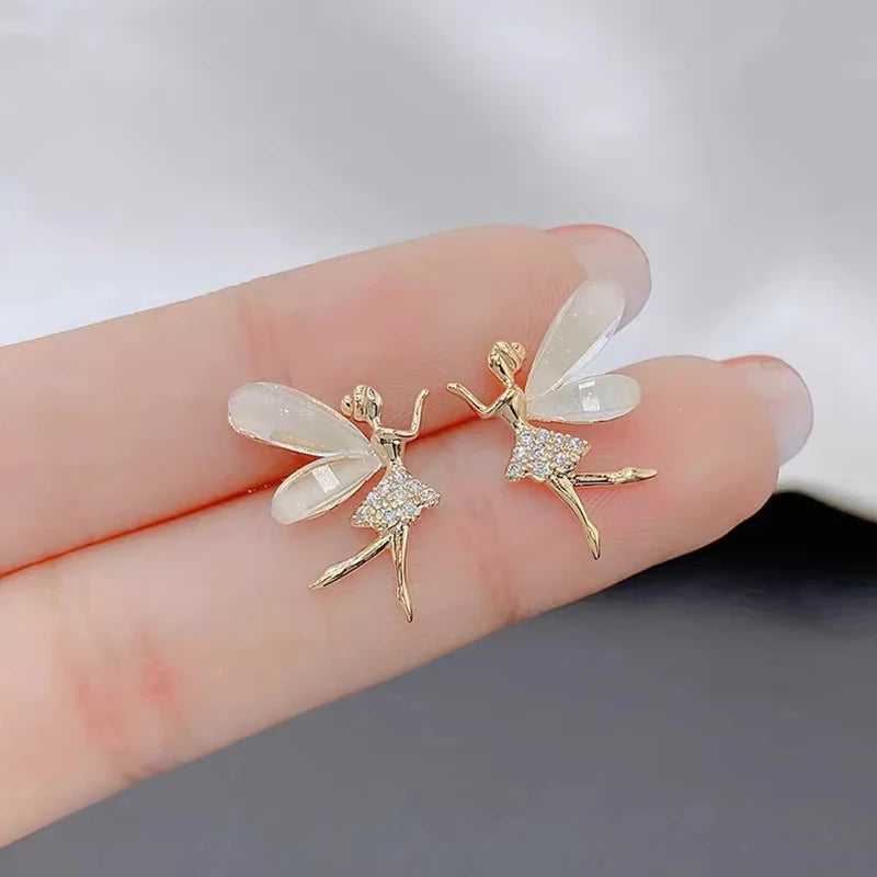 FTCY Trendy Elf Dancer Stud Earrings for Women Girls Design Zircon Fairy Korean Exquisite Cute Sweet Jewelry