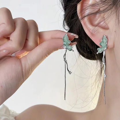 Fashion Zircon Pearl Tassel Earrings for Women 2024 New Liquid Metal Long Chain Elf Butterfly Statement Earrings Party Jewelry