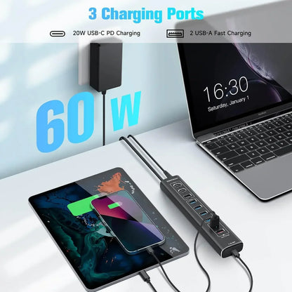 RSHTECH 60W Powered USB Hub 10Gbps Data Transfer Aluminum USB Splitter with Fast Charging Ports USB-C PD 20W for Macbook Laptops