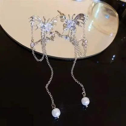 Fashion Zircon Pearl Tassel Earrings for Women 2024 New Liquid Metal Long Chain Elf Butterfly Statement Earrings Party Jewelry