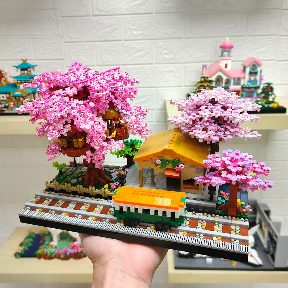 Mini Sakura Tree House Building Blocks Trains With Lights DIY Model City Street View Cherry Blossom House Bricks Kids Toys Gift