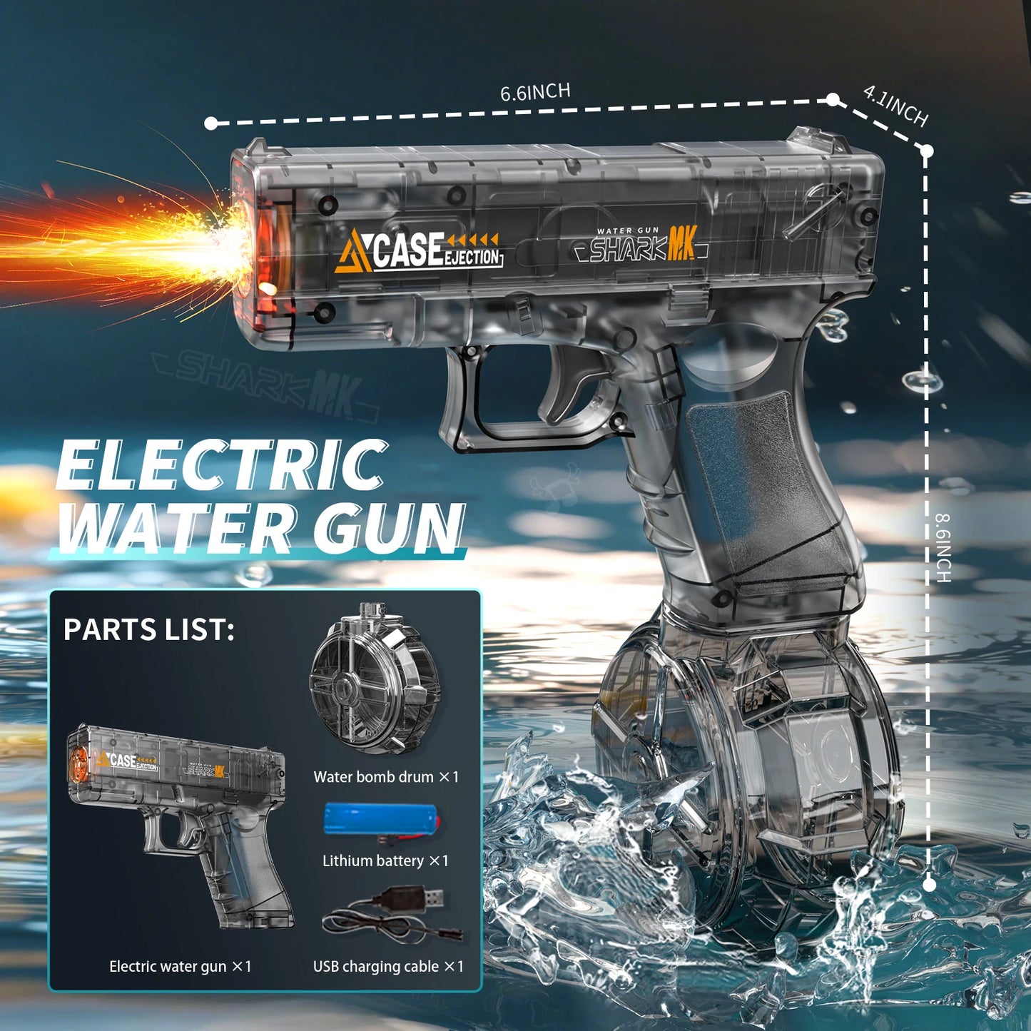 Electric Water Gun, Automatic Squirt with Pistol Realistic Gun Muzzle Flame Summer Outdoor Beach Swimming Pool Party Toy